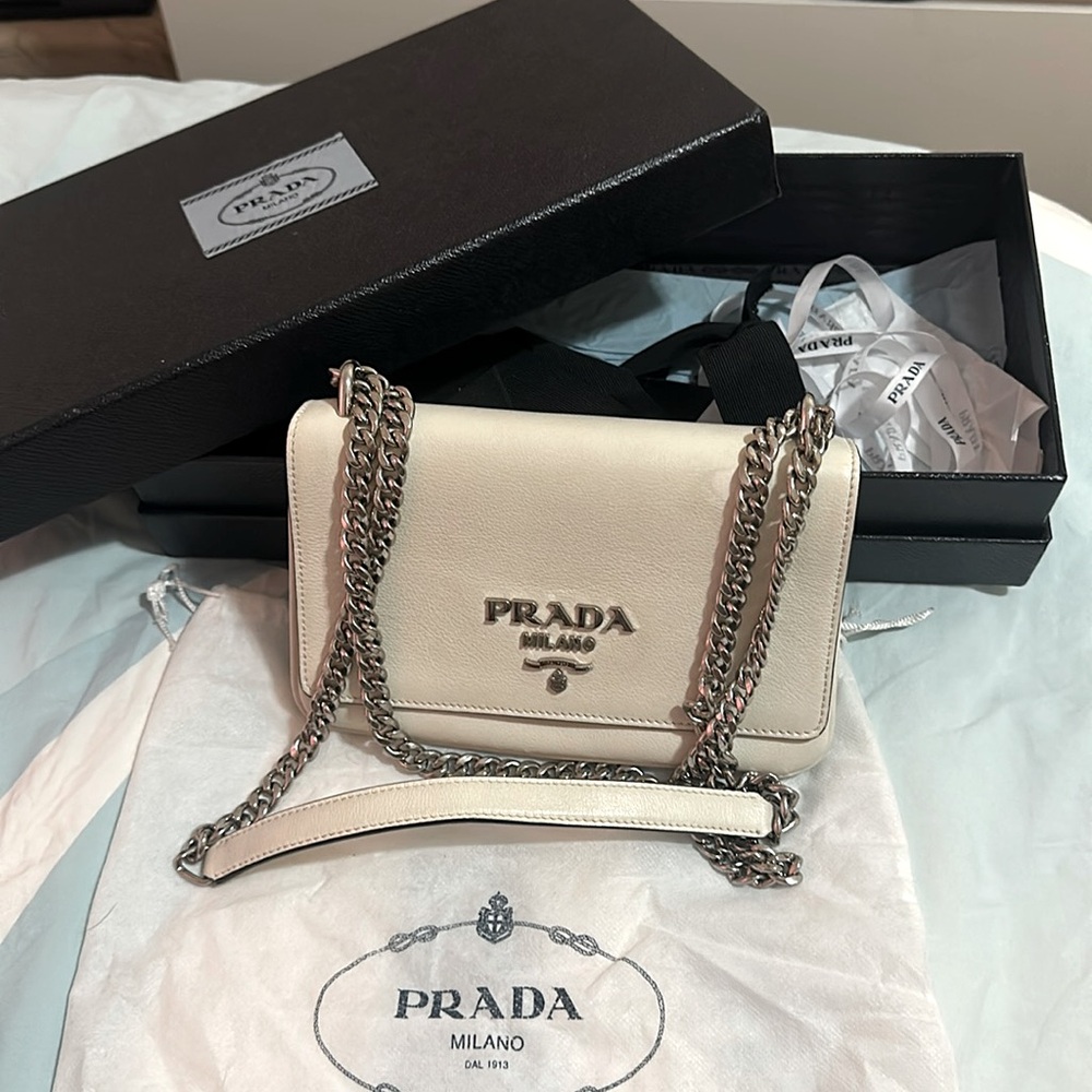 Prada Soft Calfskin Saffiano Chain Crossbody Bag White Black